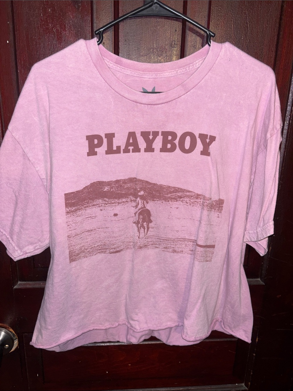 PLAYBOY Pink Graphic Crop Tee with Brown Scenic Print